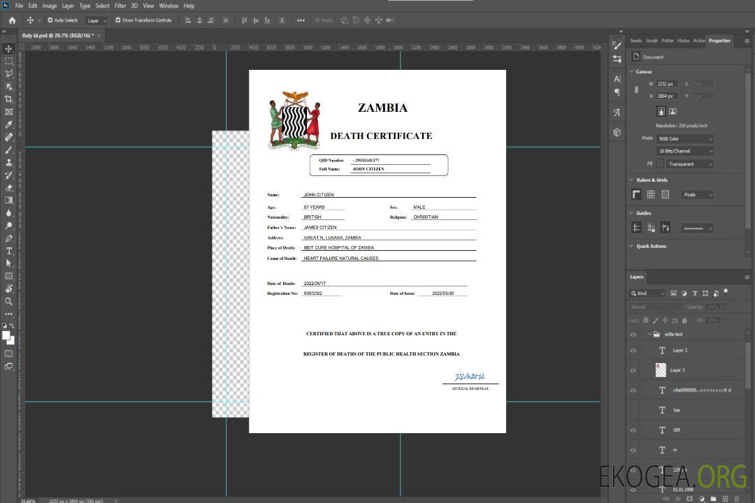 Modèle Word et PDF de certificat de décès de l'état civil de la Zambie template